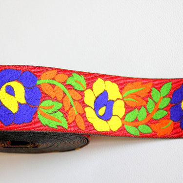Jacquard Red Woven Trim With Floral Embroidery, Yellow, Blue